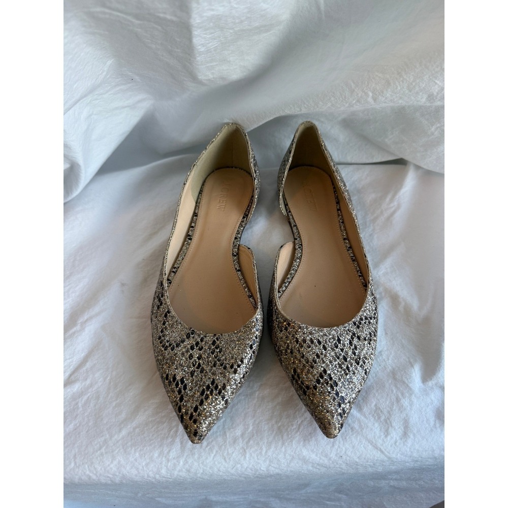 J.Crew Gold Glitter Snakeskin D'Orsay Pointed Toe Flats Shoes Womens 7.5